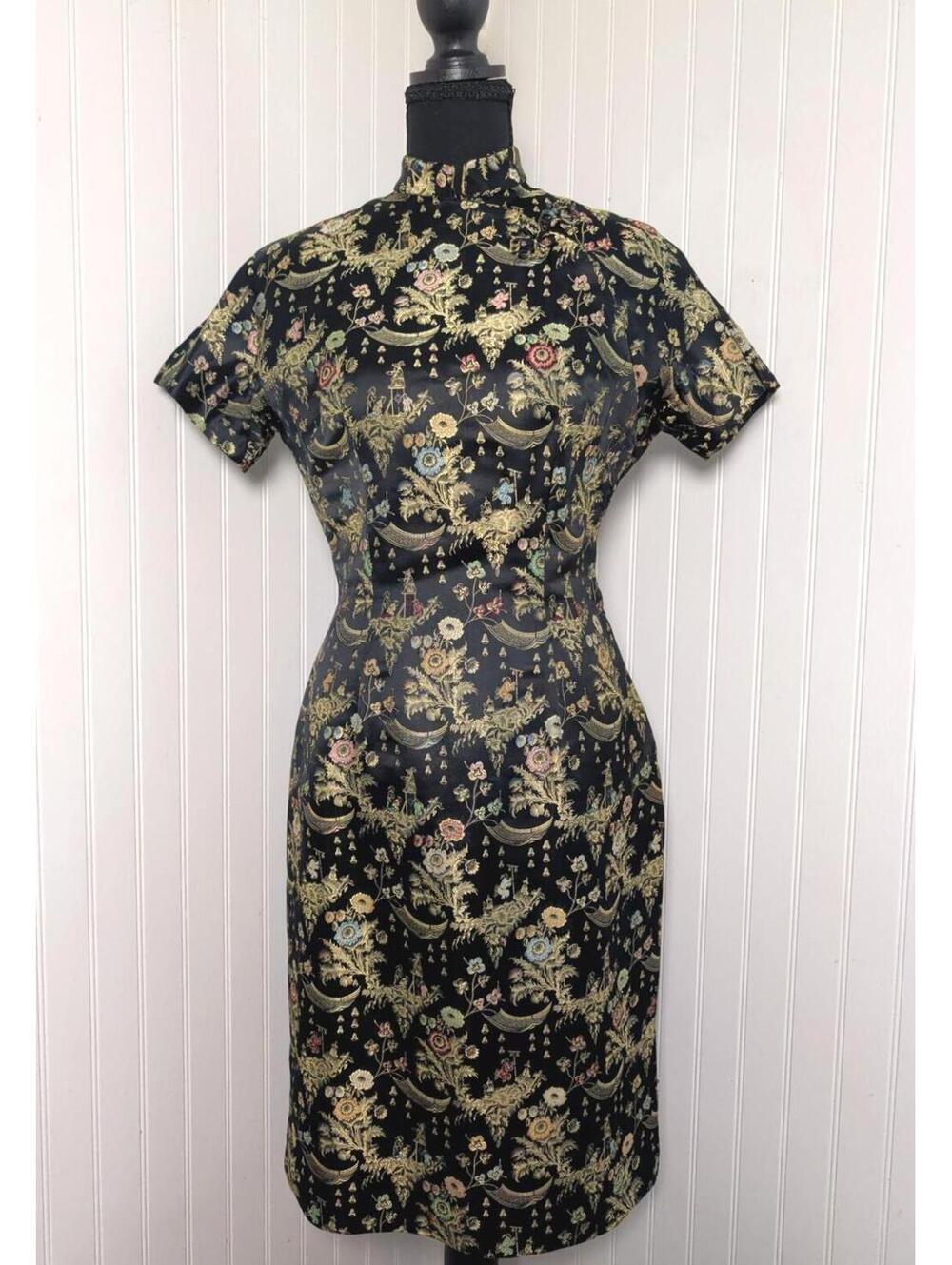 Vintage 50/60's DYNASTY Hong Kong  Black Brocade Cheongsam Floral Dress Size 10